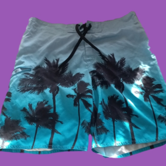 Board Shorts Men’s Swim Trunks Blue Tropical Palm Trees - size Large 36” waist L - Picture 7 of 9